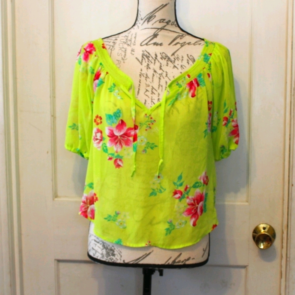Hollister Sheer Peasant Top Bright Colorful